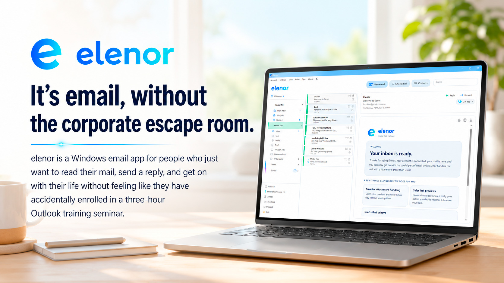 Elenor Windows email app on a laptop with the headline: It's email, without the corporate escape room.